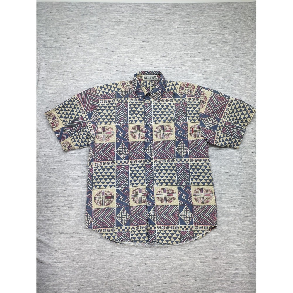Vtg 90s Bugle Boy Mens Large‎ Triangle Striped Pattern Short Sleeve Button-Up